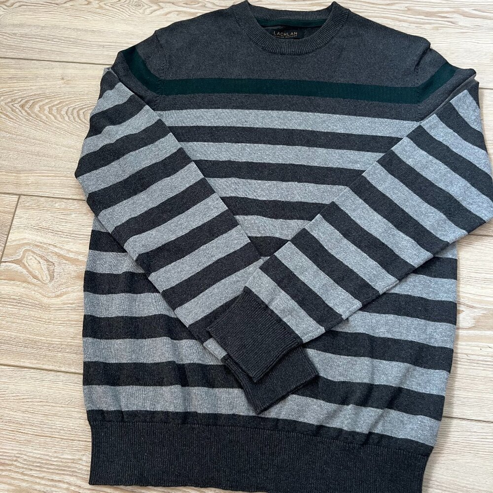 🩶Lachlan British Inspired 100% Cotton Striped Sweater Grey & Dark Green unisex